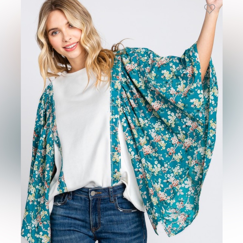 Oddi Teal Floral Kimono Shrug - Lightweight